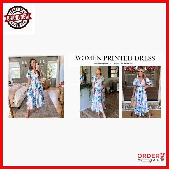 Floral Maxi Dress Wedding Guest Summer V-Neck Short Sleeve A-Line - Picture 6 of 7